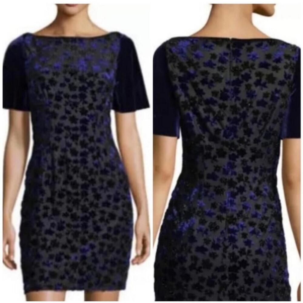 Tahari Dress Womens S Blue Black Cocktail‎ Party Velvet Floral Shimmer Elegant